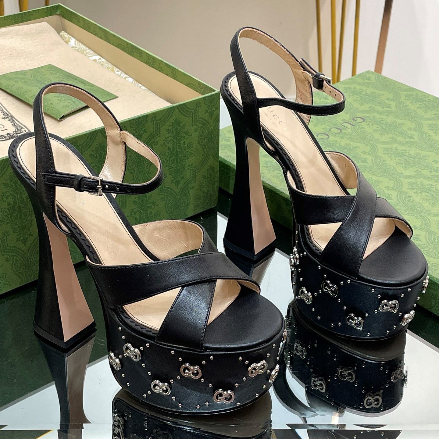GG Janaya Heeled Sandals 155mm Black Cowhide