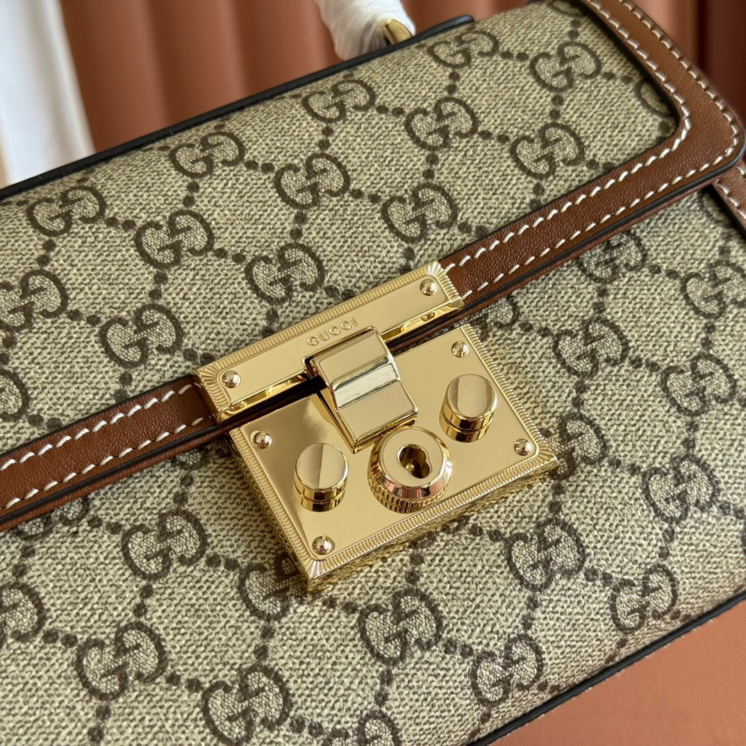 GG Padlock Small Top Handle Bag Brown Beige Calfskin Canvas