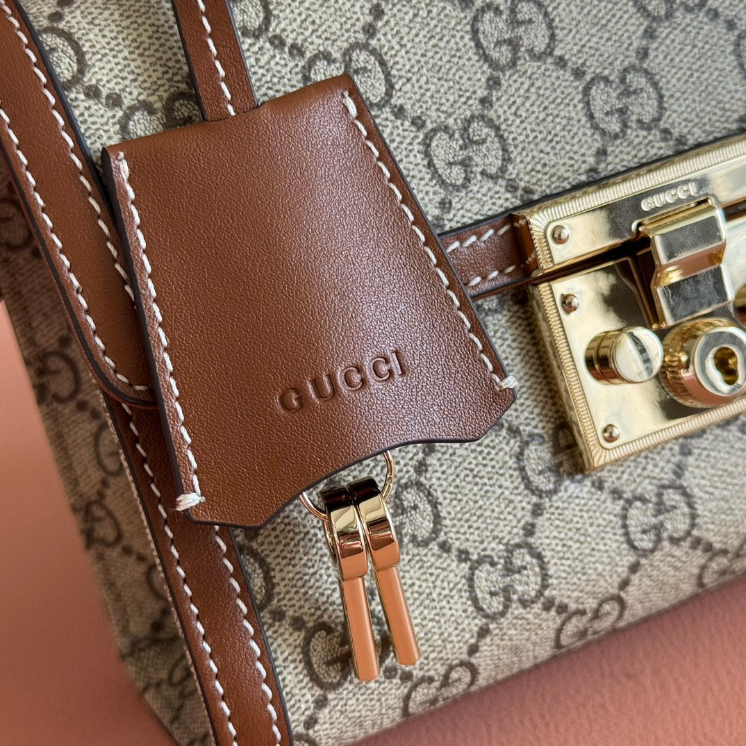 GG Padlock Small Top Handle Bag Brown Beige Calfskin Canvas