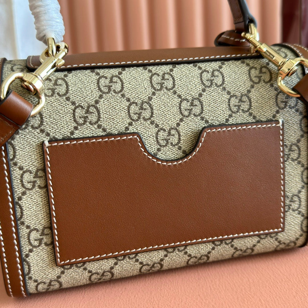 GG Padlock Small Top Handle Bag Brown Beige Calfskin Canvas