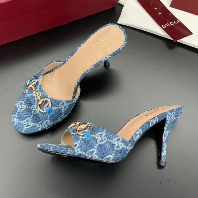 Gucci 2026 Erin Horsebit GG Sandal Blue Gold Denim Leather