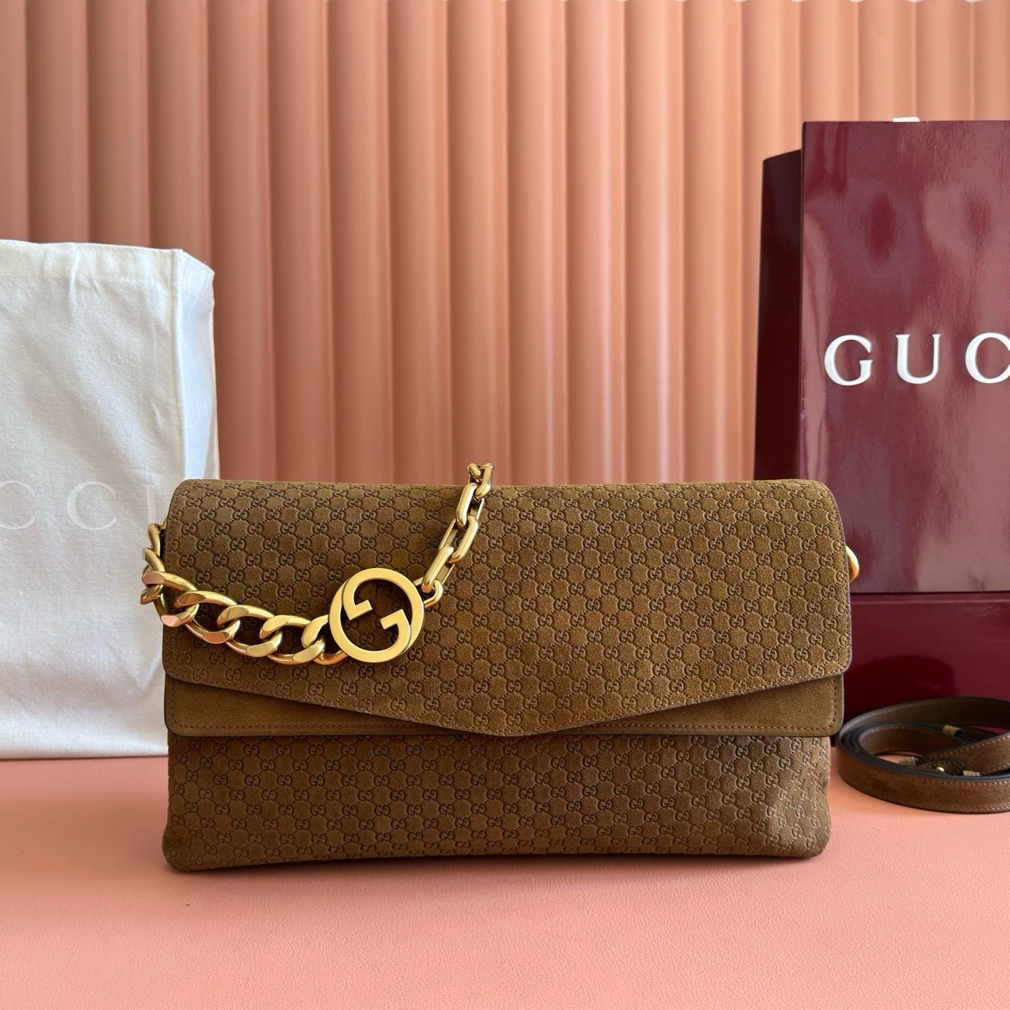GG Large GG Chain Shoulder Bag Brown Suede