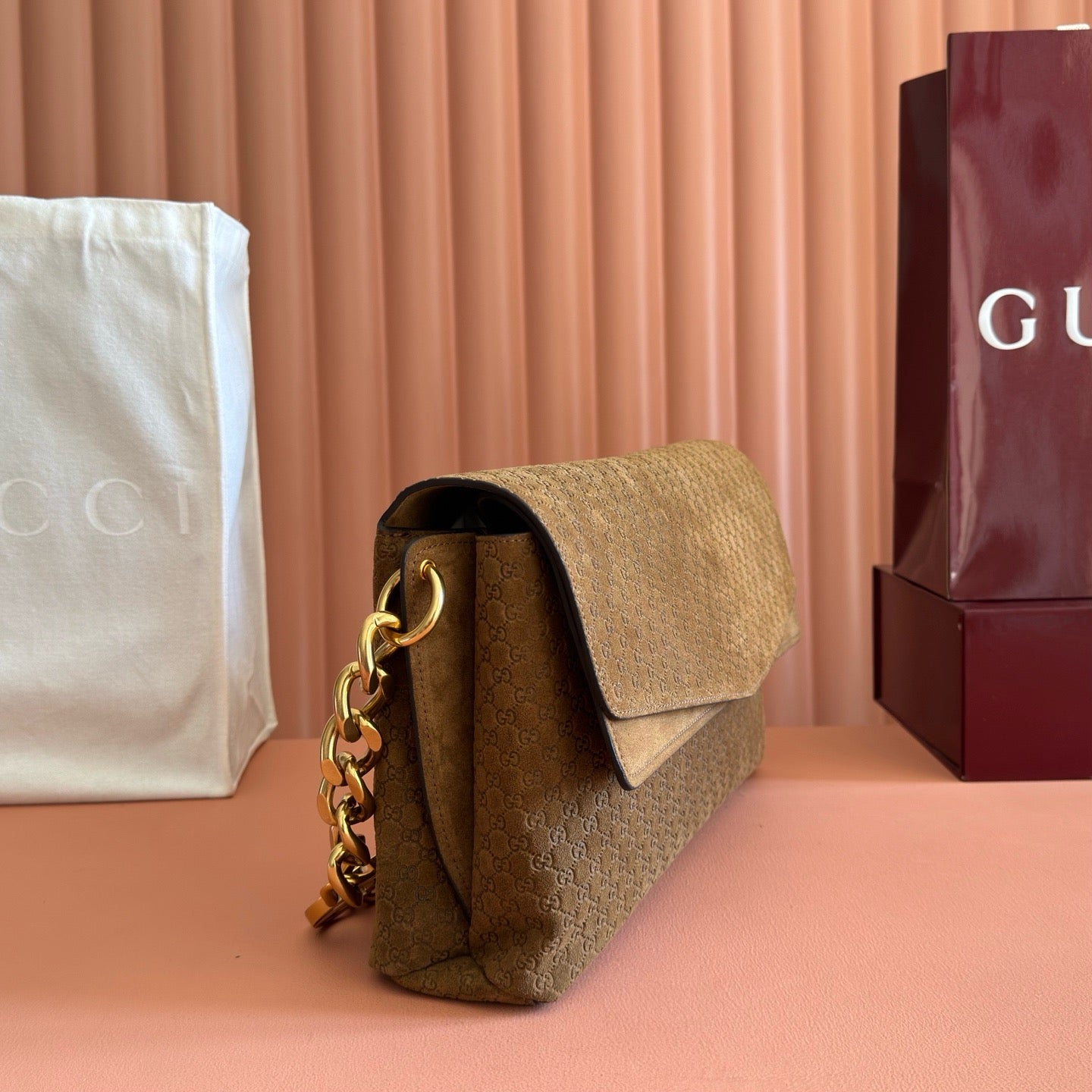 GG Large GG Chain Shoulder Bag Brown Suede