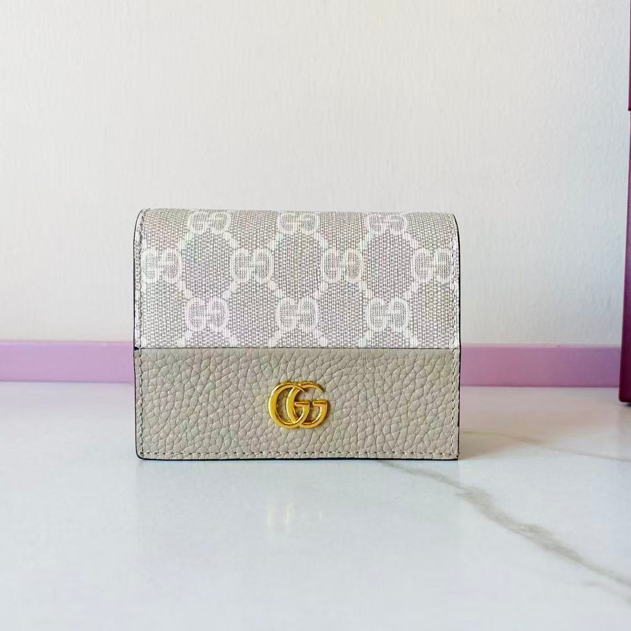 GG Bi-color GG Marmont Small Wallet Beige White CowhideCanvas