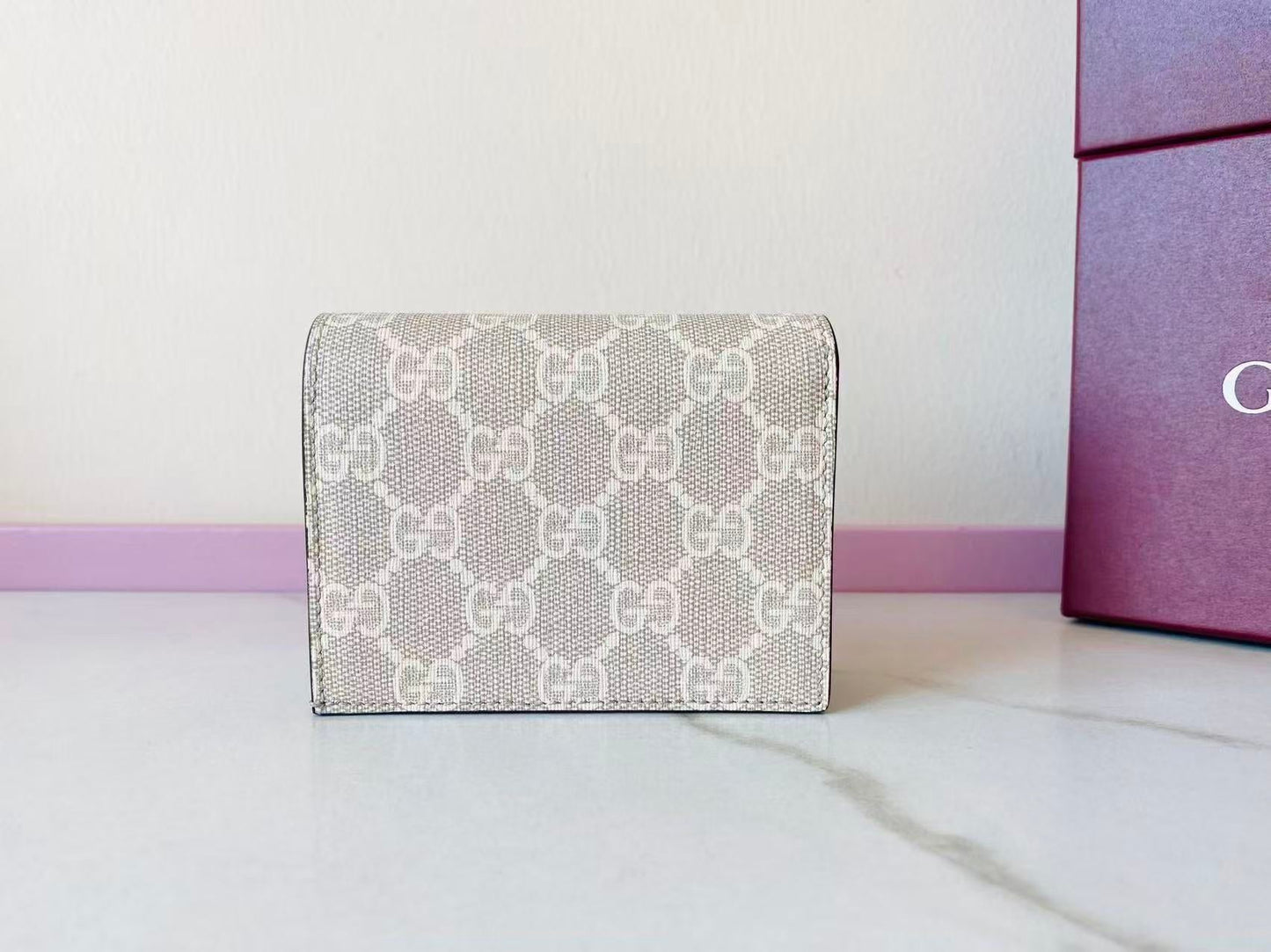 GG Bi-color GG Marmont Small Wallet Beige White CowhideCanvas