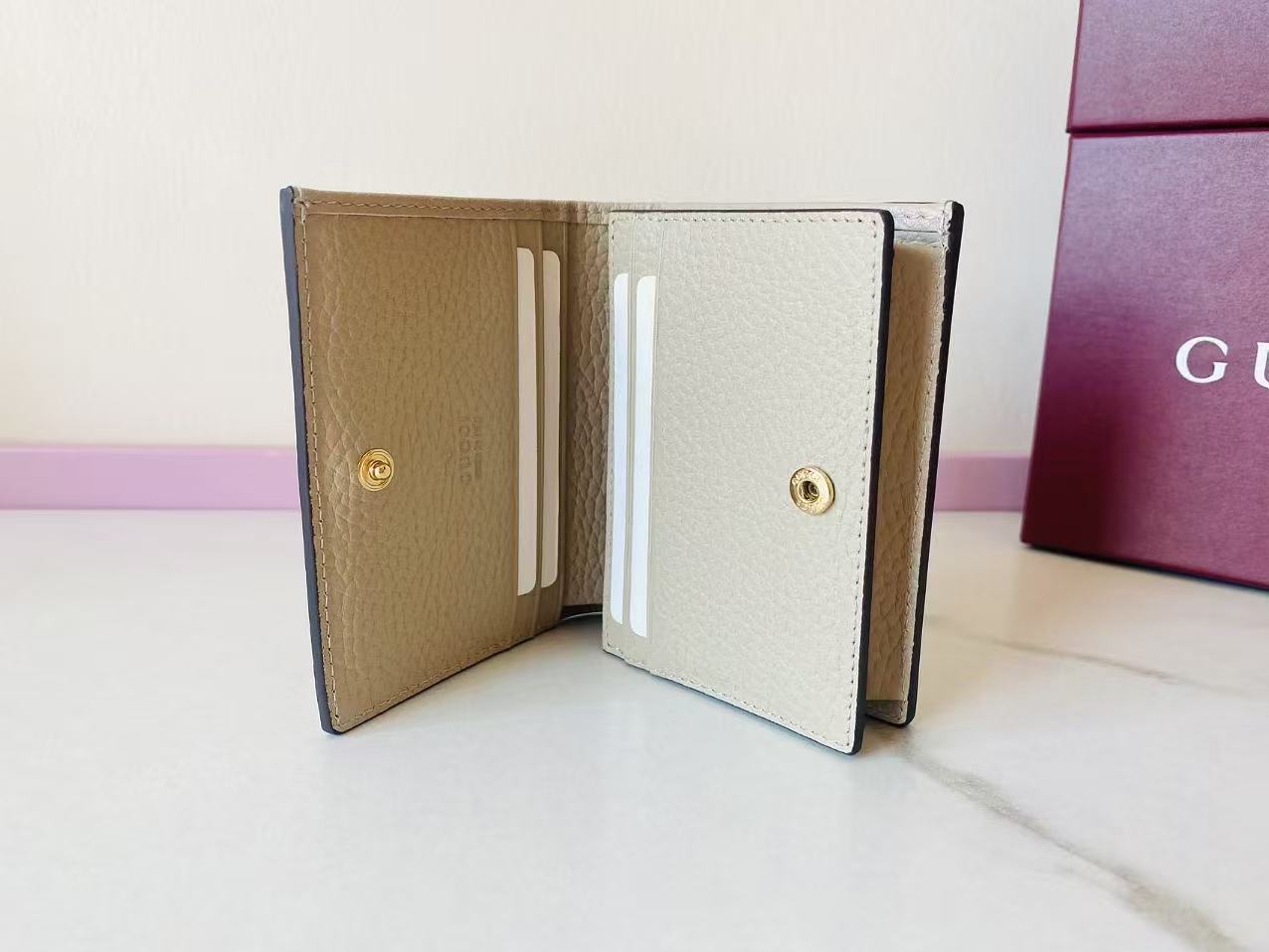 GG Bi-color GG Marmont Small Wallet Beige White CowhideCanvas