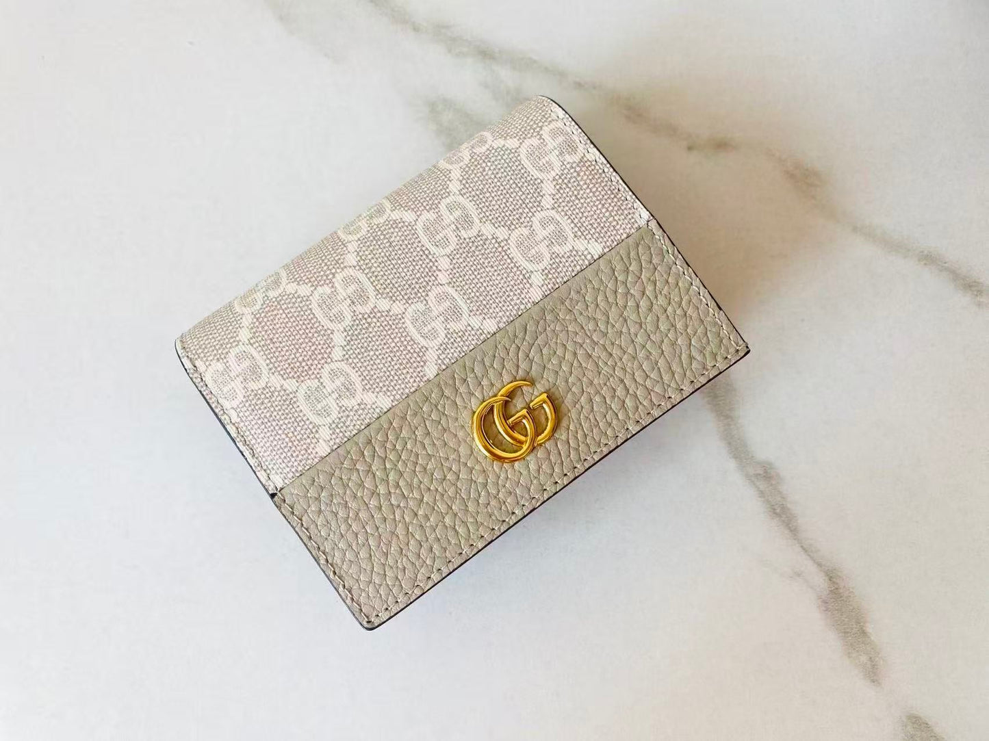 GG Bi-color GG Marmont Small Wallet Beige White CowhideCanvas
