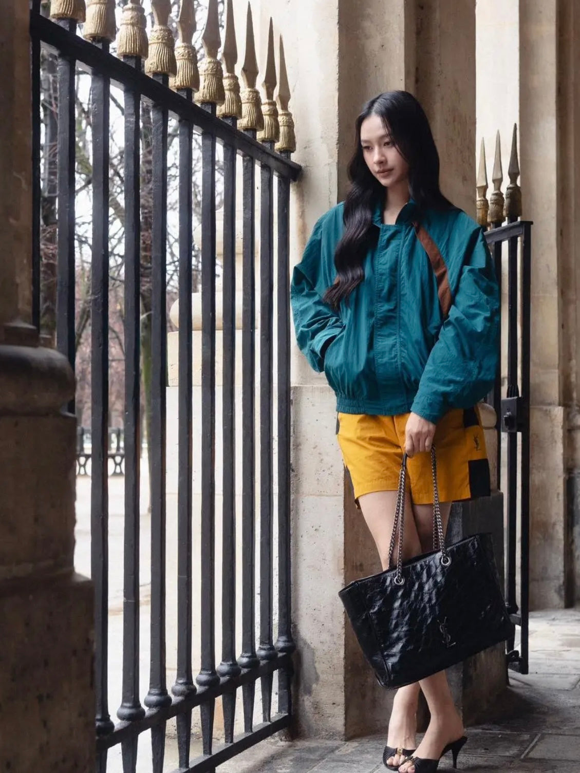 YSL Cassandre Windbreaker Jacket in Teal Nylon Faille