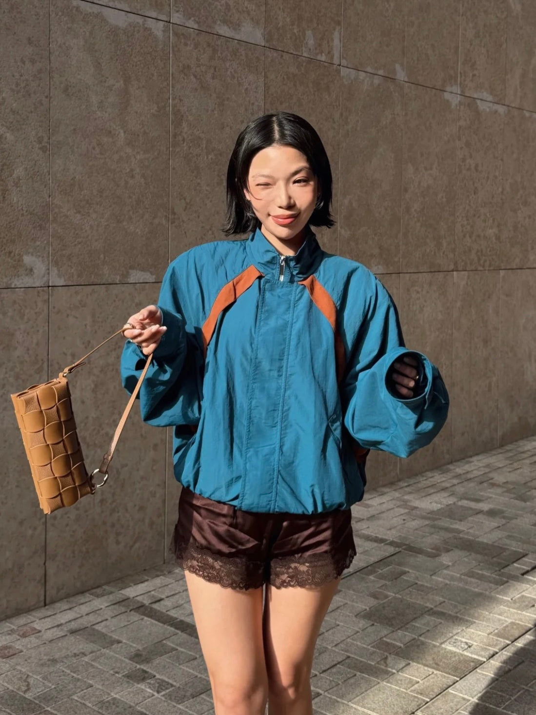 YSL Cassandre Windbreaker Jacket in Teal Nylon Faille
