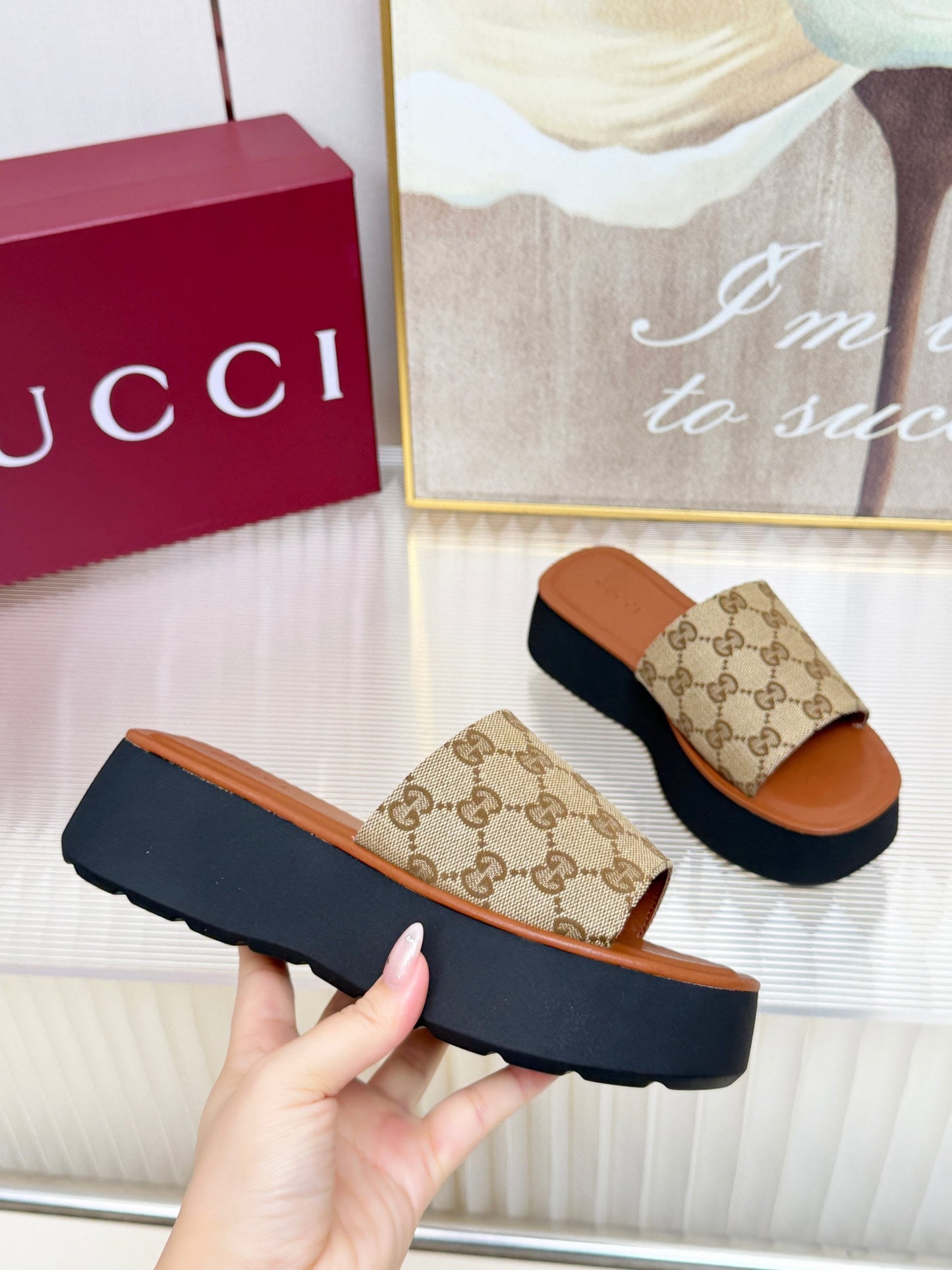 GG 26s Flatform Slide Sandal Beige Dark Brown Canvas Leather