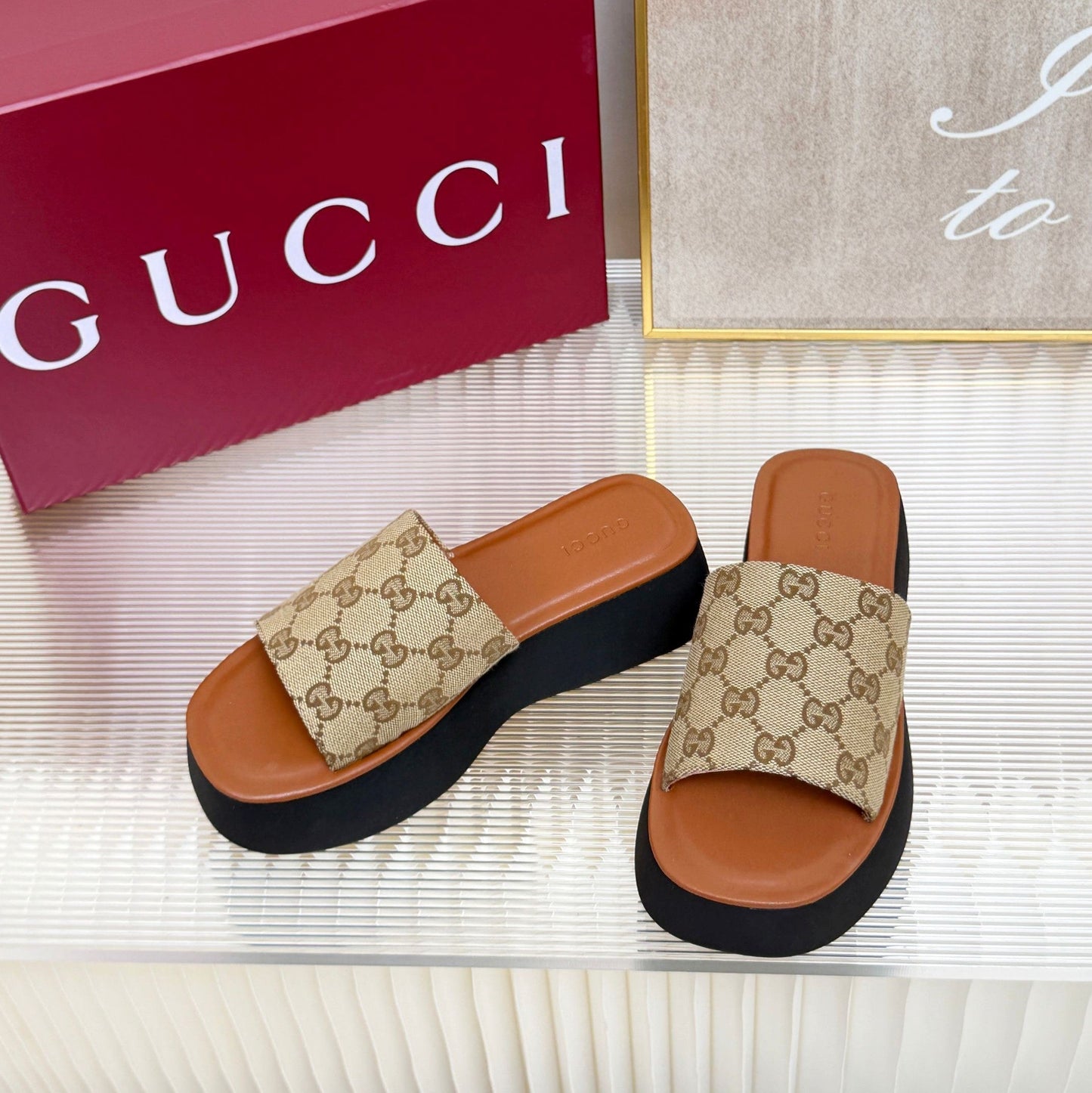 GG 26s Flatform Slide Sandal Beige Dark Brown Canvas Leather