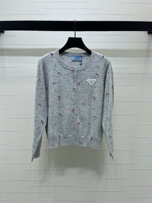 Prada 26s Red Floral Pattern Knitted Cardigan Wool