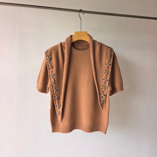 Prad Short-Sleeved Sweater With Scarf Camel Brown Cashmere