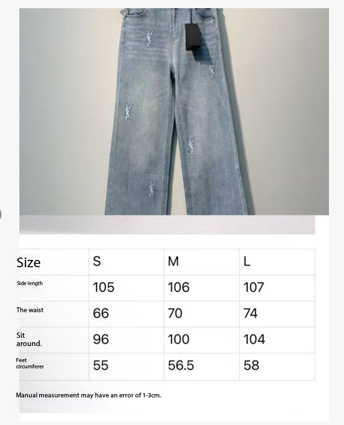 YSL Monogram Embroidered Wide-Leg Jeans Light Blue Cotton 350896