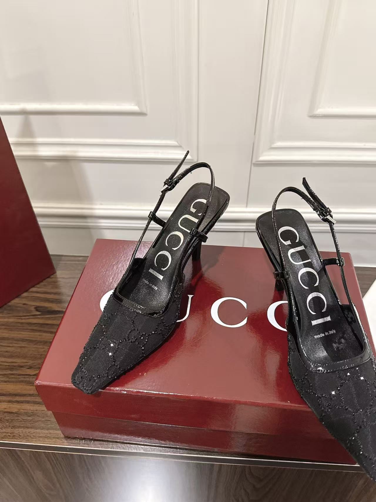 GG Demi Crystal-Embellished Slingback Pumps Black Mesh