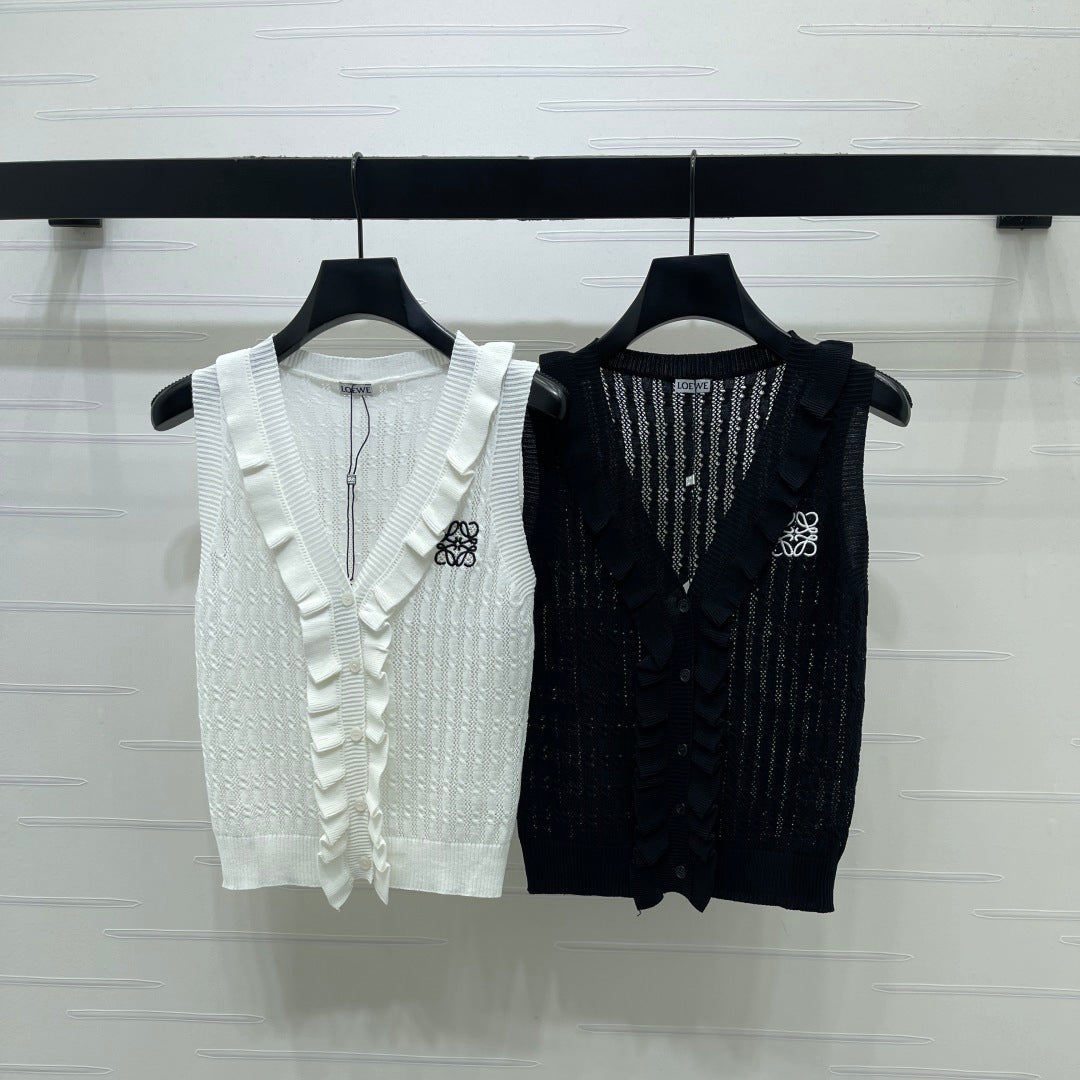 Loew Ruffled Knit V-neck Vest in Wool