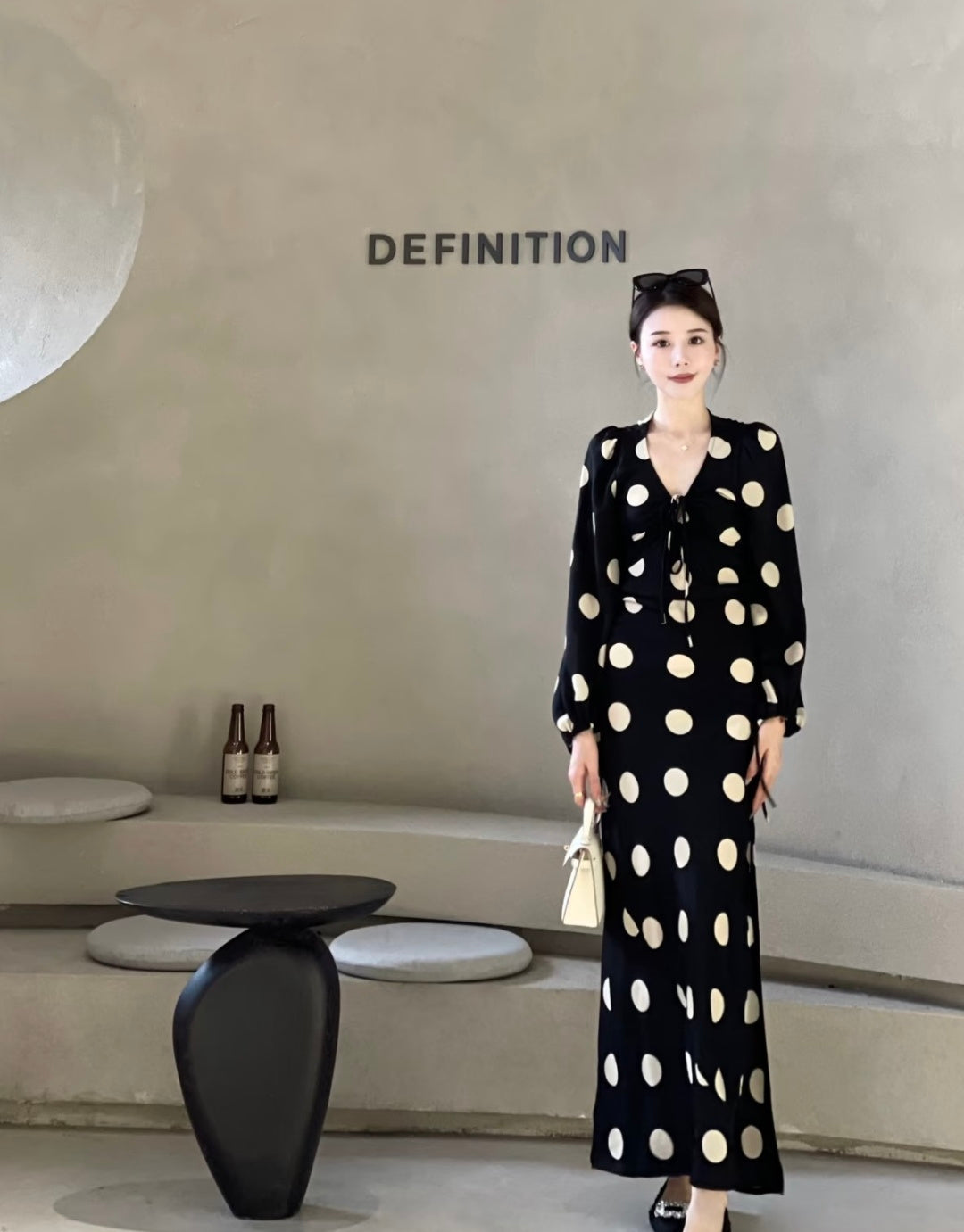 YSL Polka Dot Satin Long Dress Black White 394186