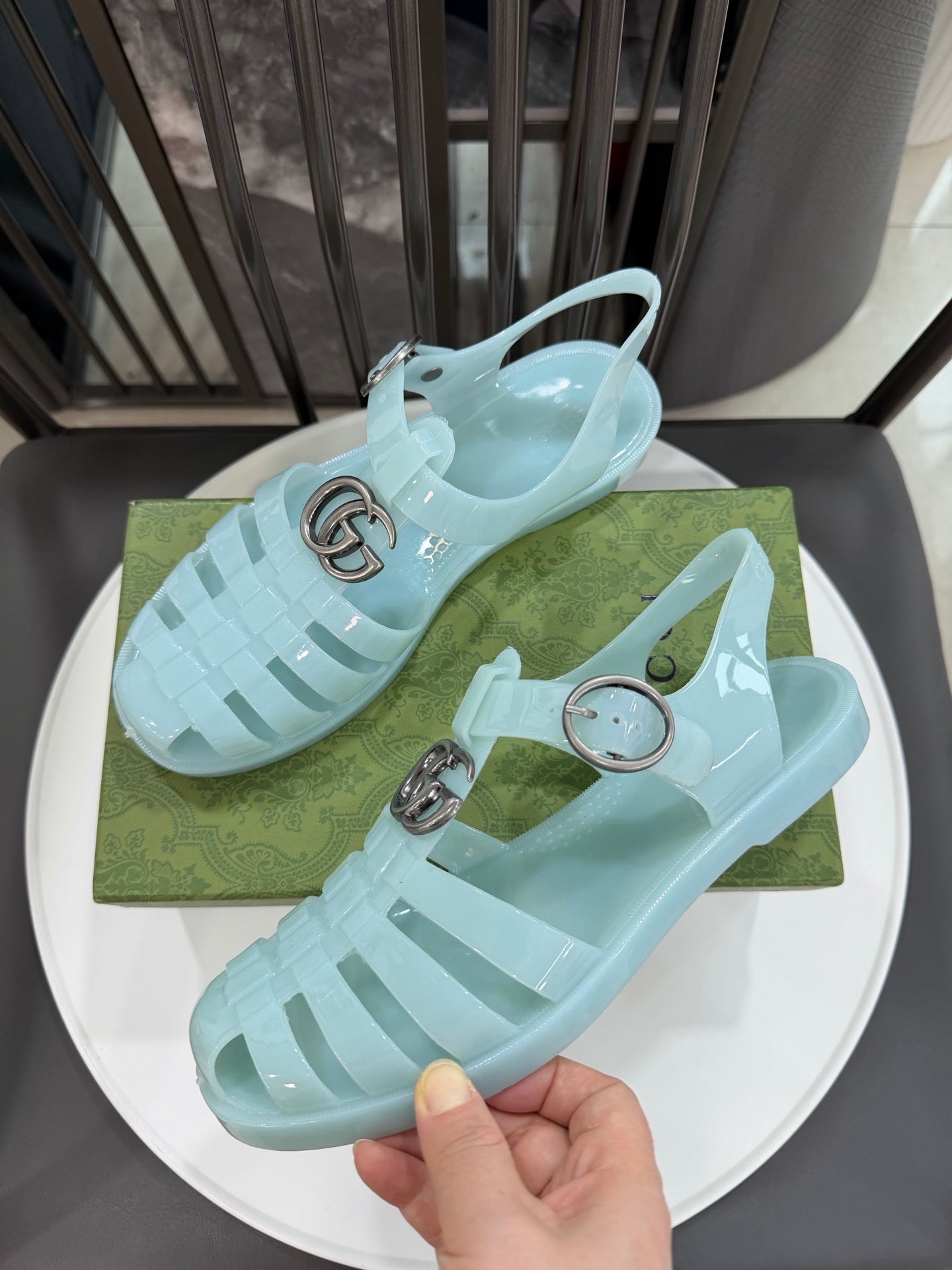 GG Sandals with Double G Light Blue Sliver TPU 818209