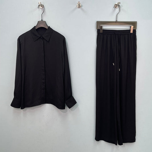 HM Long-Sleeve Blouse & Wide-Leg Pants Set Black Cotton 699252