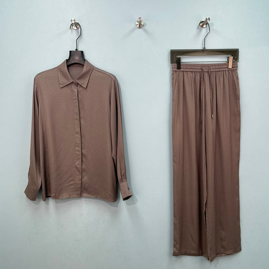 HM Long-Sleeve Blouse & Wide-Leg Pants Set Brown Cotton 699253