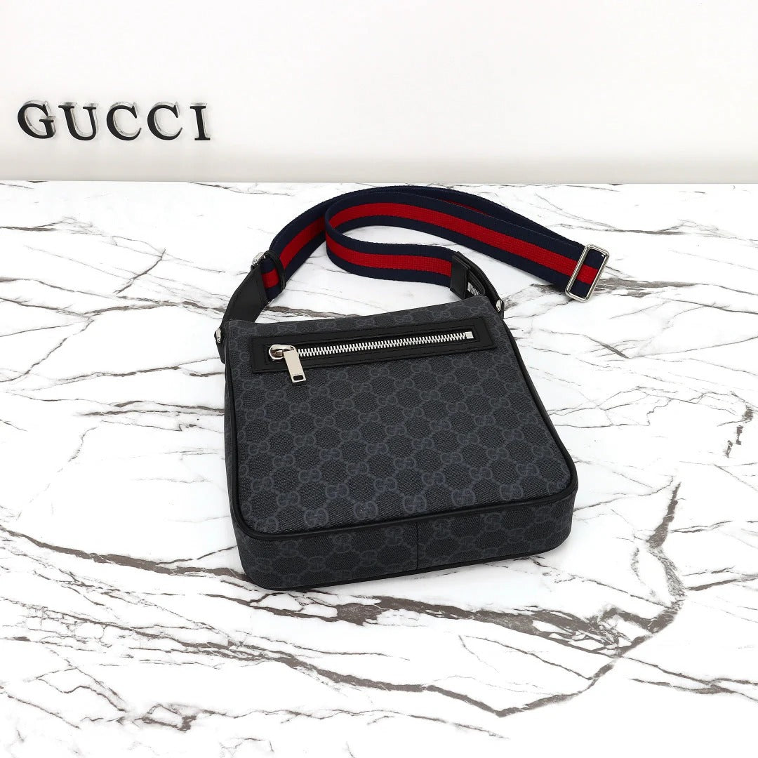 Gucci 2026 Flatpack Small Messenger Bag 24cm Black Dark Gray Canvas Leather