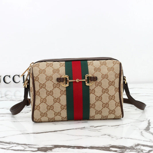 Gucci 2026 Horsebit Web Camera Bag 22cm Sand mix Brown Canvas Leather
