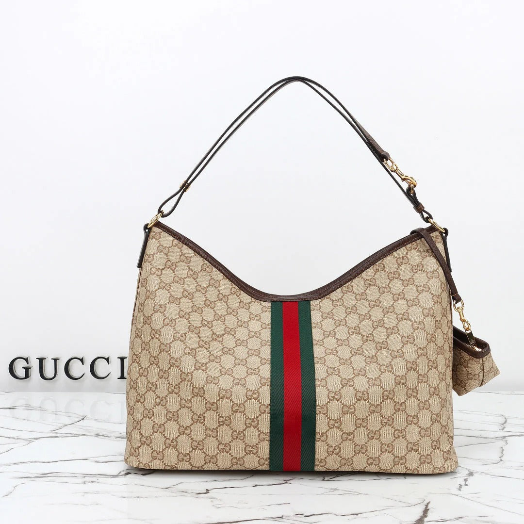Gucci 2026 Large Shoulder Bag With Web 40cm Sand mix Brown Canvas Leather