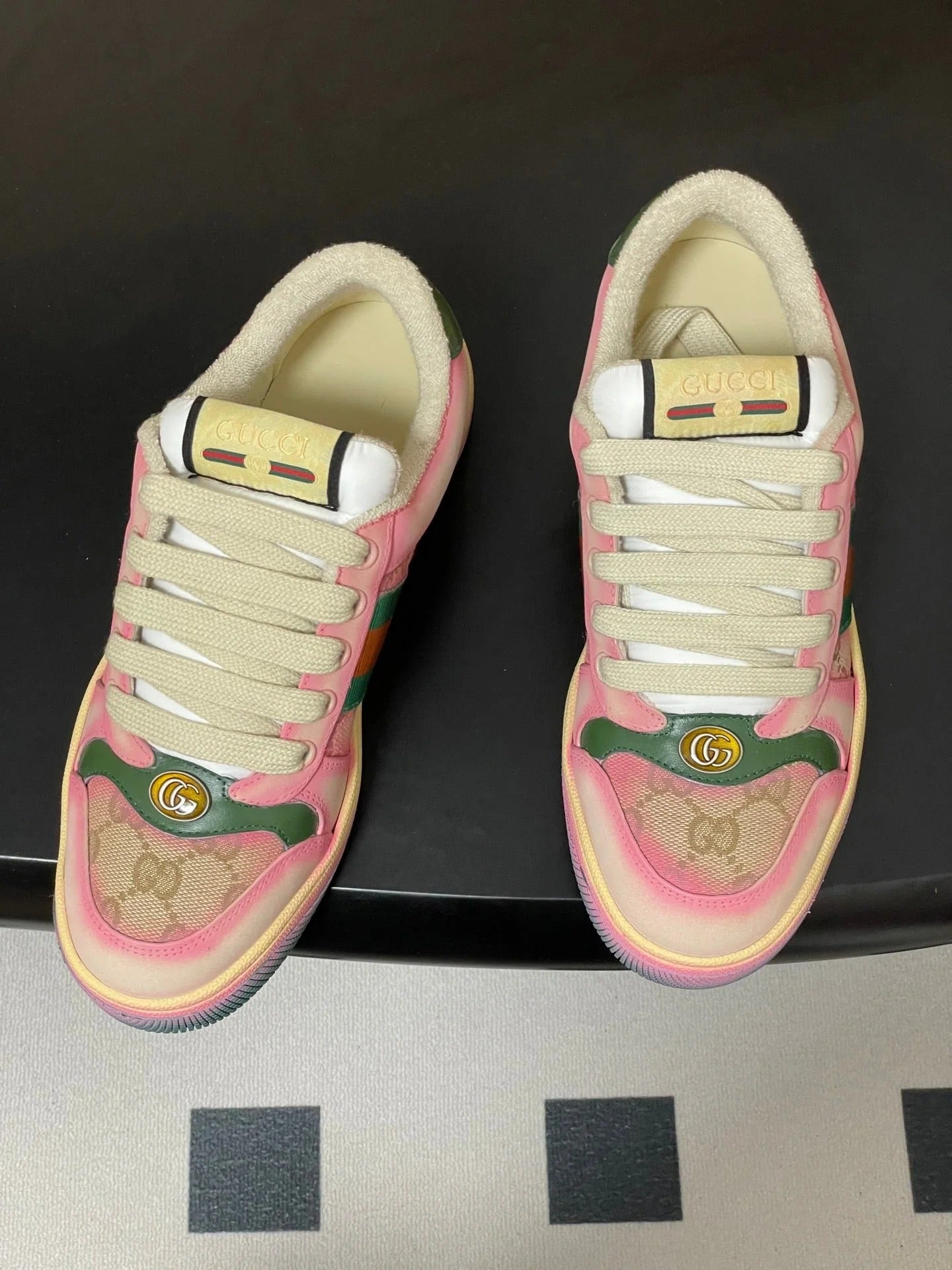 GG 26ss Screener Sneaker Beige Pink Green Fabric Calfskin 697903