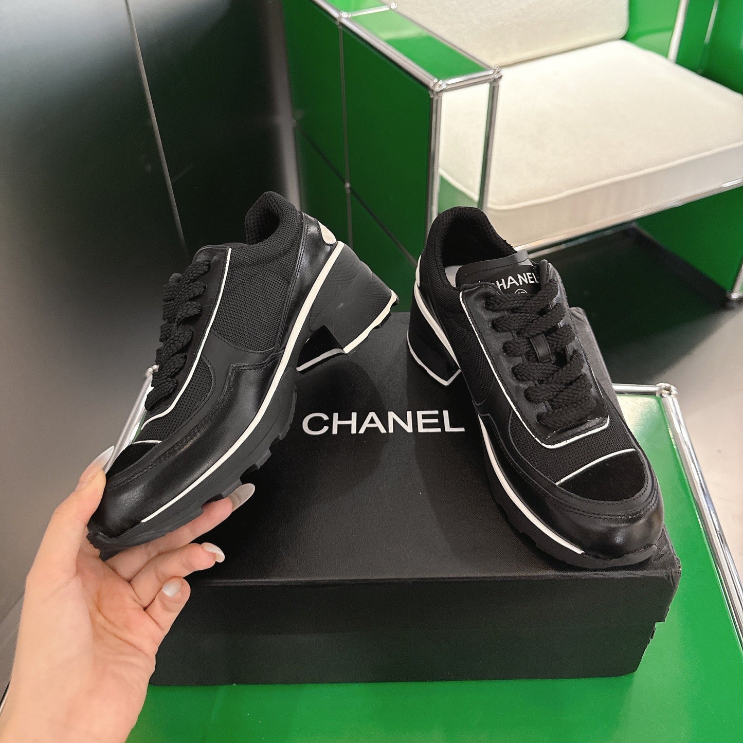 Chanel Low-Top Sneakers 30mm Black Calfskin Leather and Mesh  507543