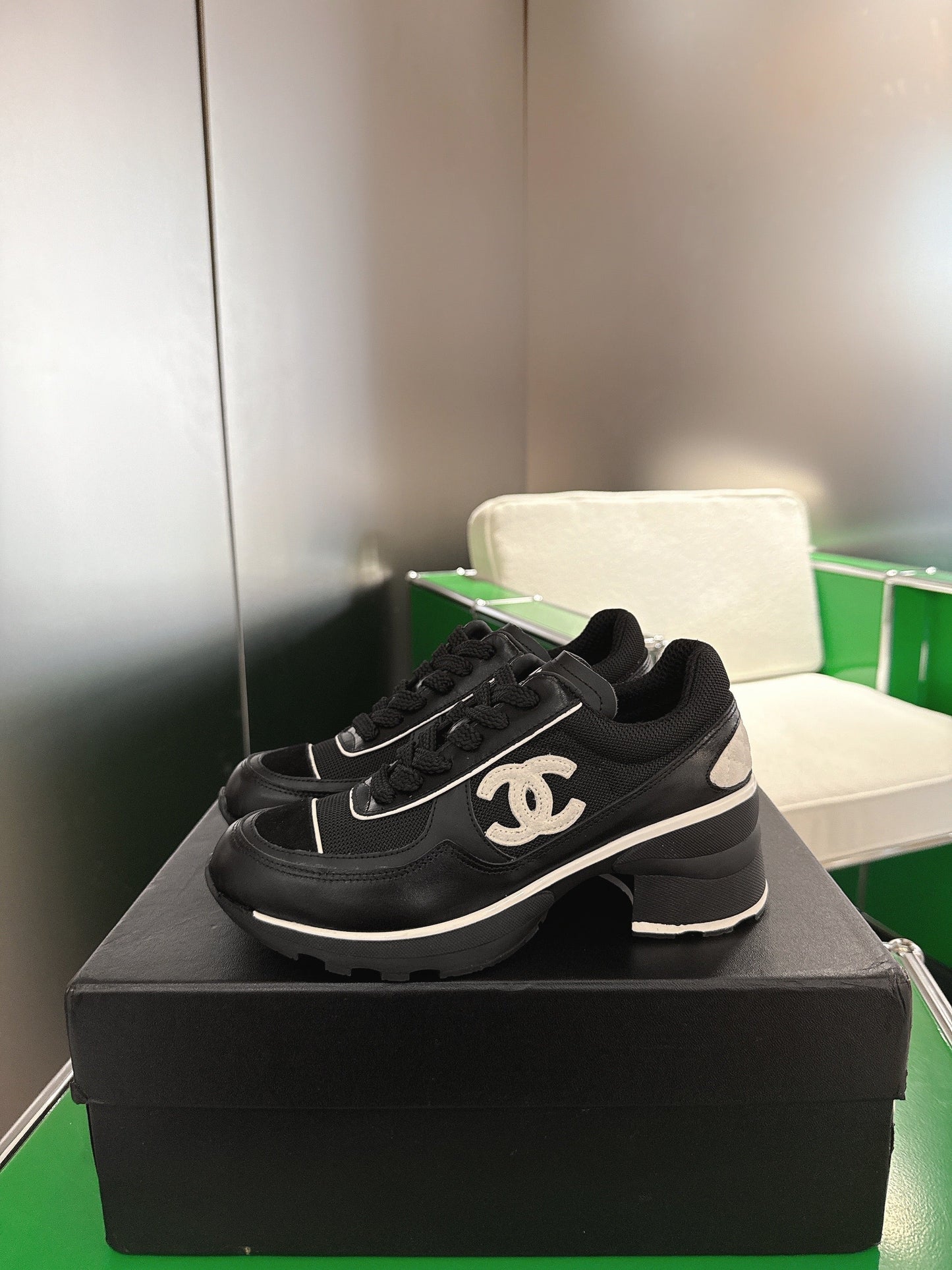 Chanel Low-Top Sneakers 30mm Black Calfskin Leather and Mesh  507543