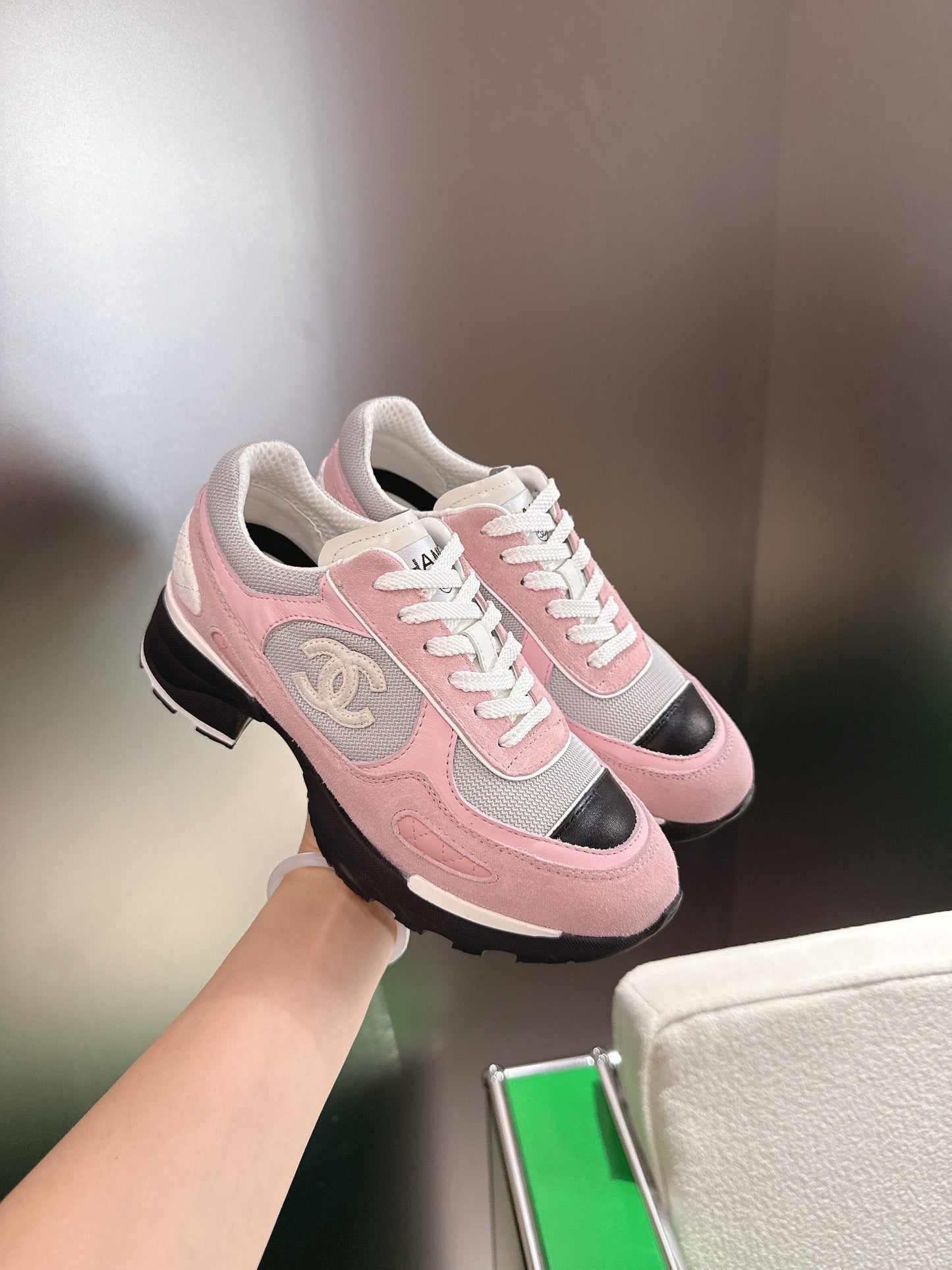 Chanel Low-Top Sneakers 30mm Pink and Grey Calfskin Leather and Mesh  507544