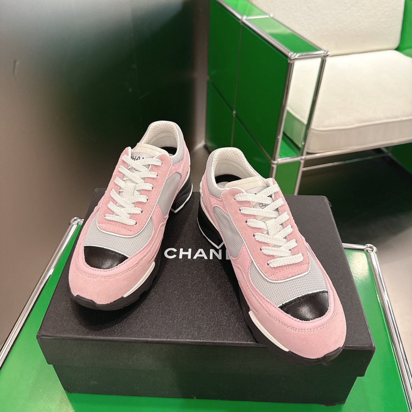 Chanel Low-Top Sneakers 30mm Pink and Grey Calfskin Leather and Mesh  507544