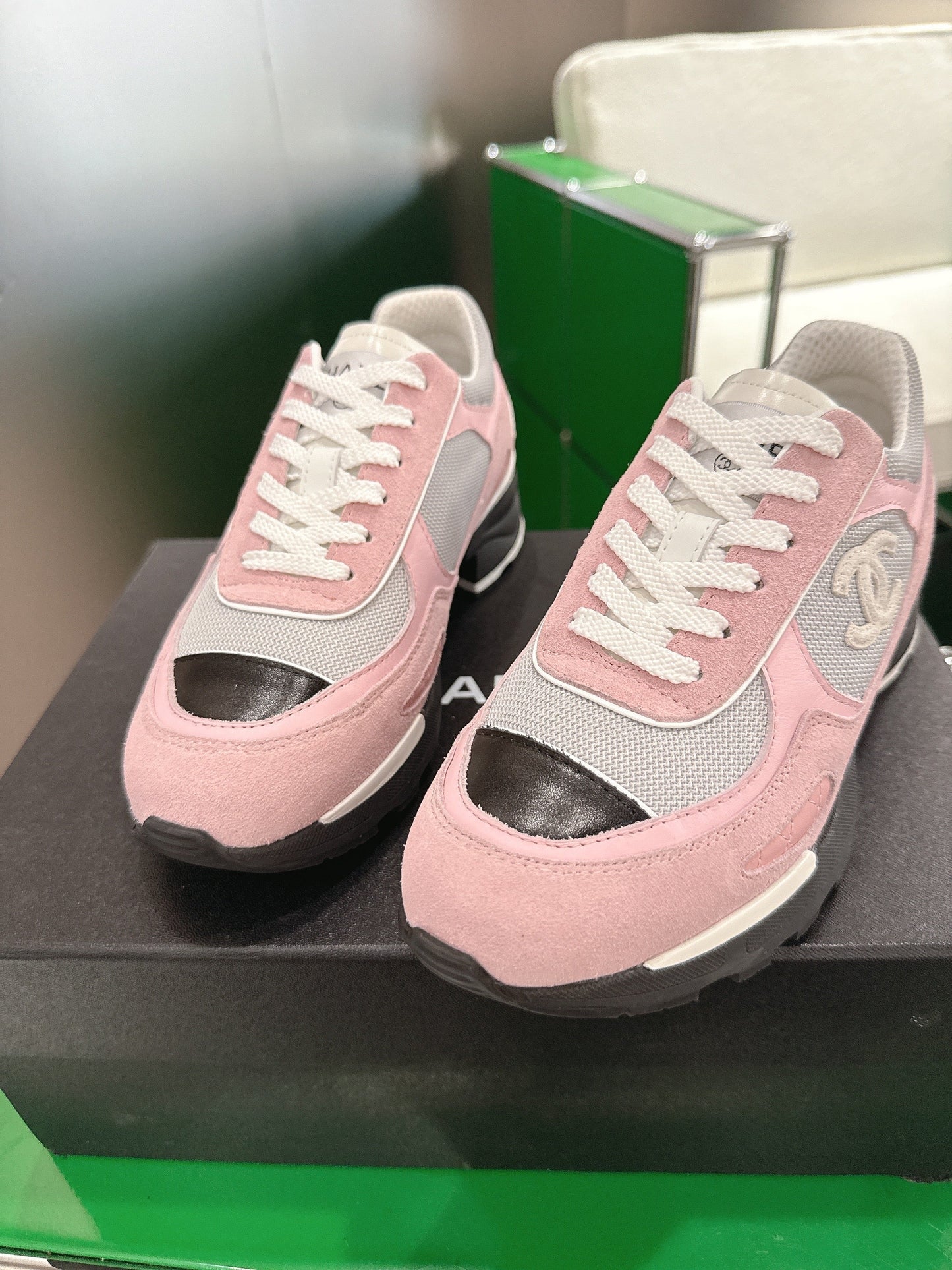 Chanel Low-Top Sneakers 30mm Pink and Grey Calfskin Leather and Mesh  507544