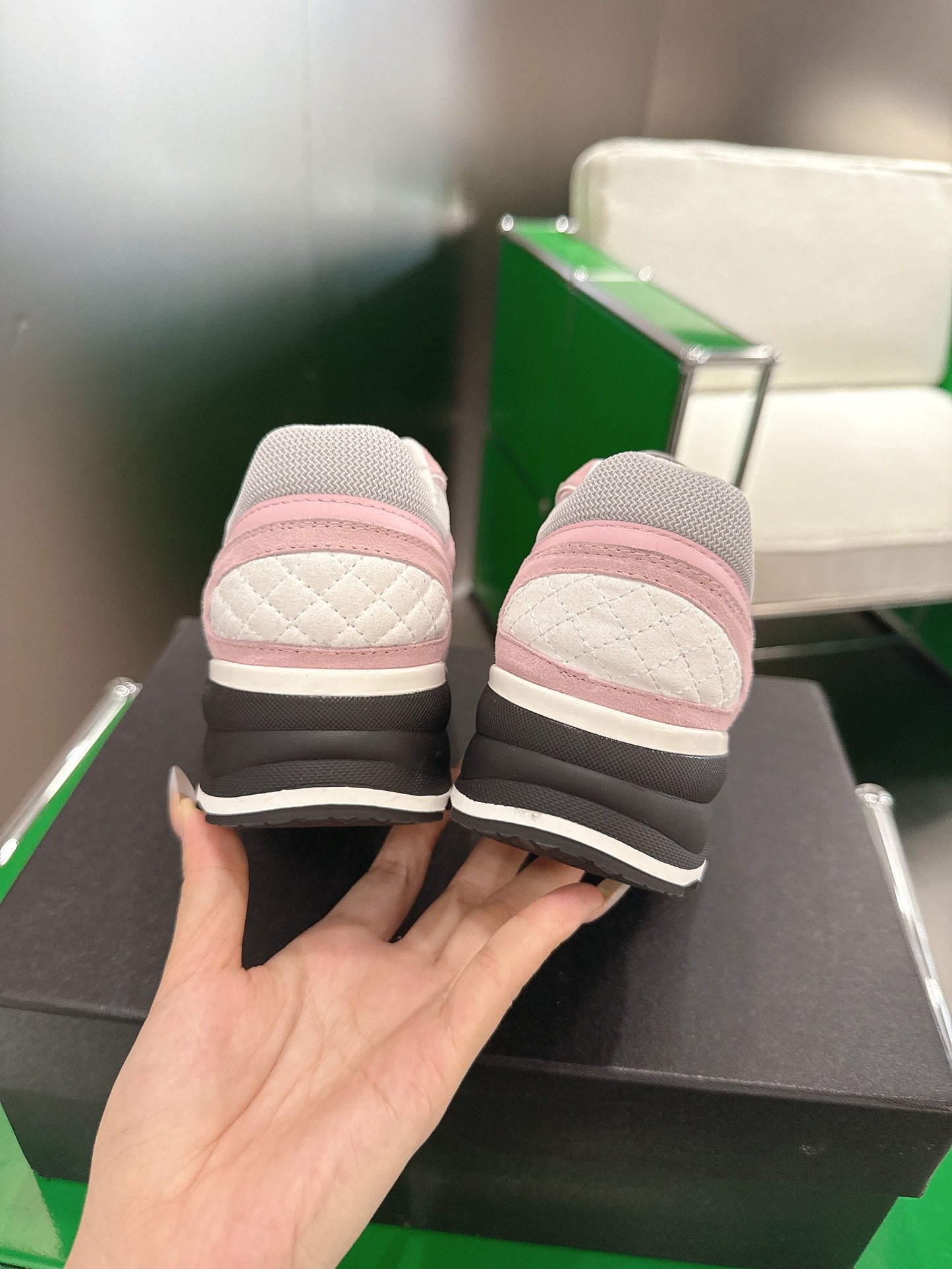 Chanel Low-Top Sneakers 30mm Pink and Grey Calfskin Leather and Mesh  507544