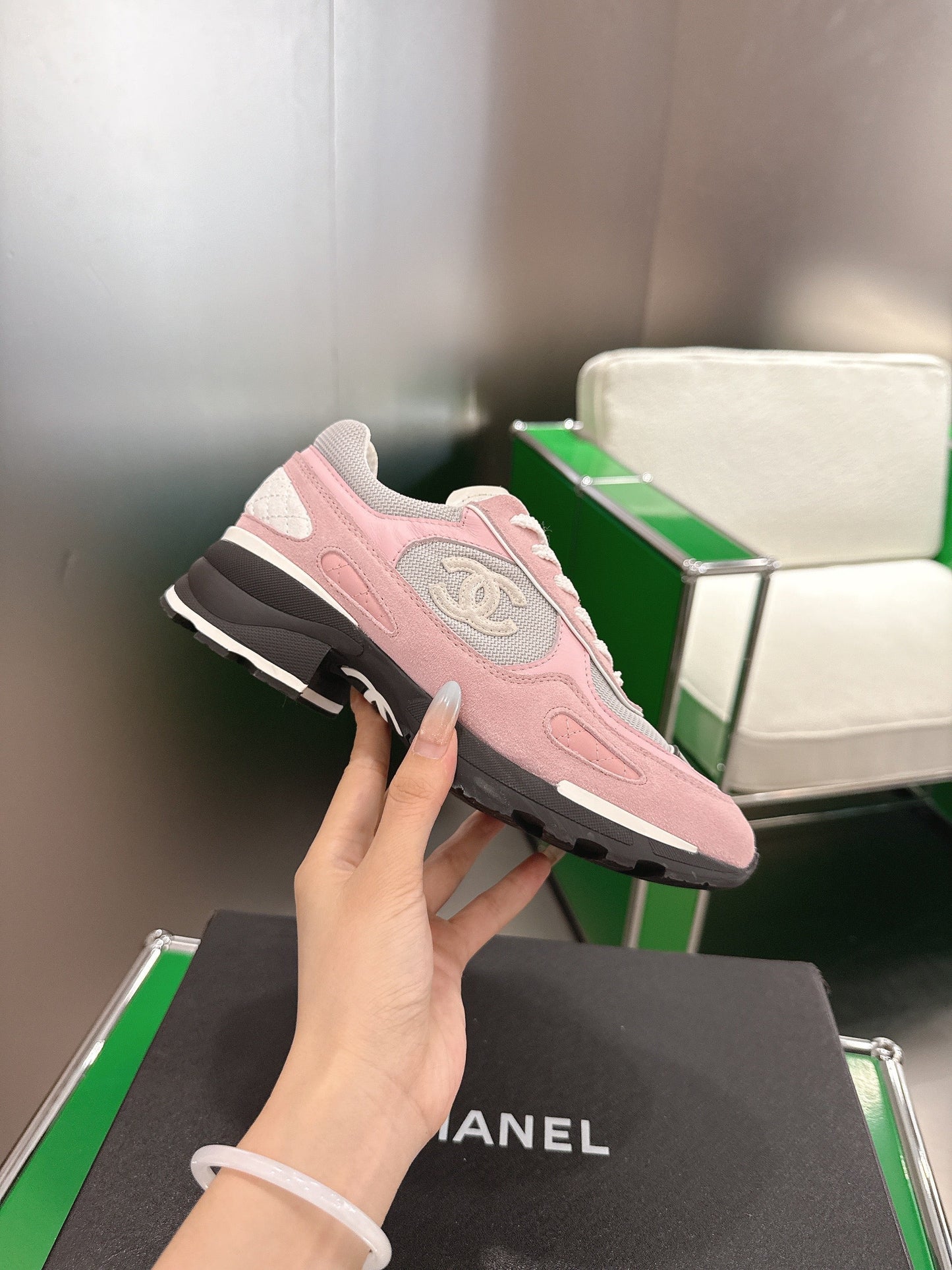 Chanel Low-Top Sneakers 30mm Pink and Grey Calfskin Leather and Mesh  507544