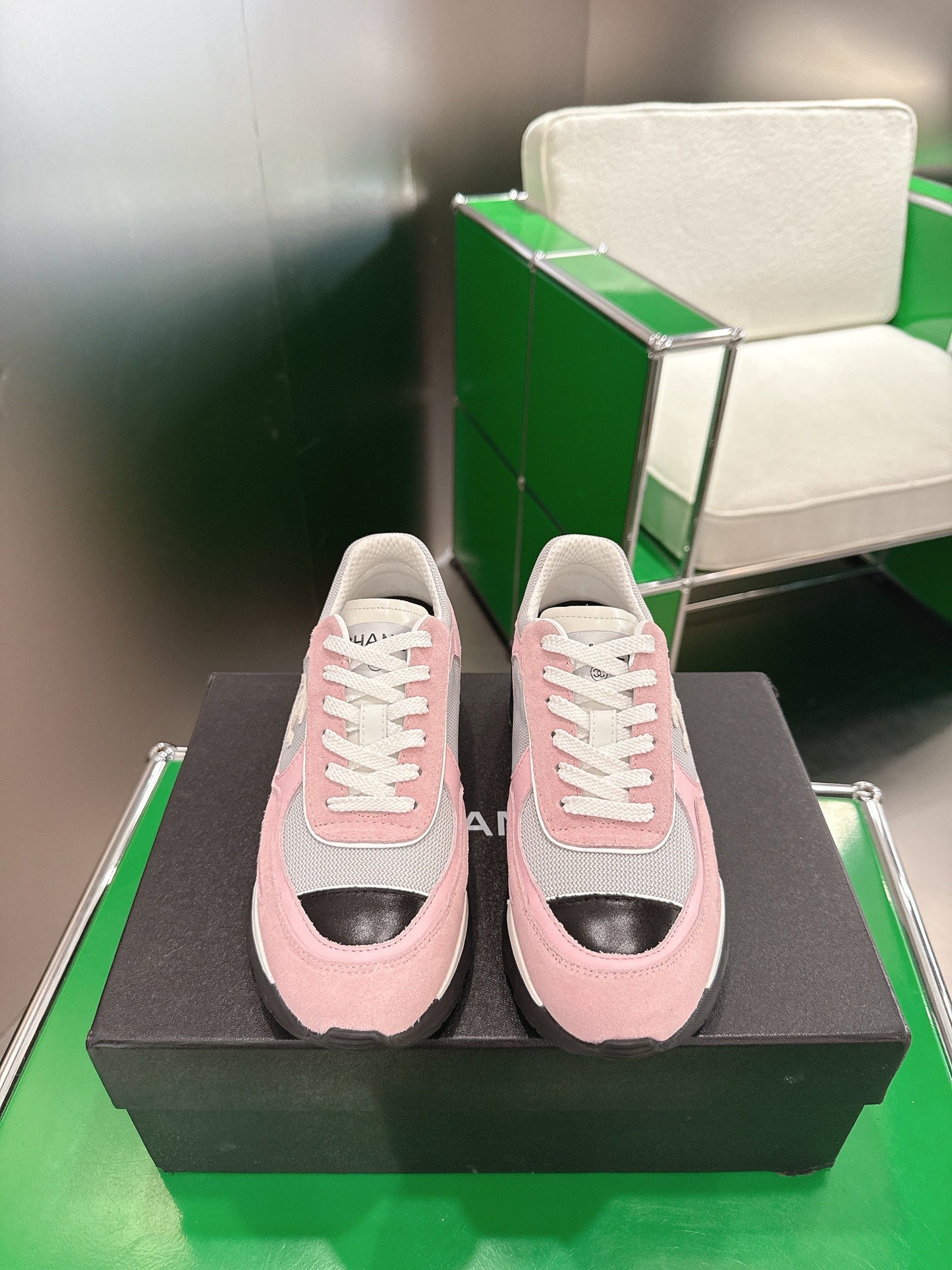 Chanel Low-Top Sneakers 30mm Pink and Grey Calfskin Leather and Mesh  507544