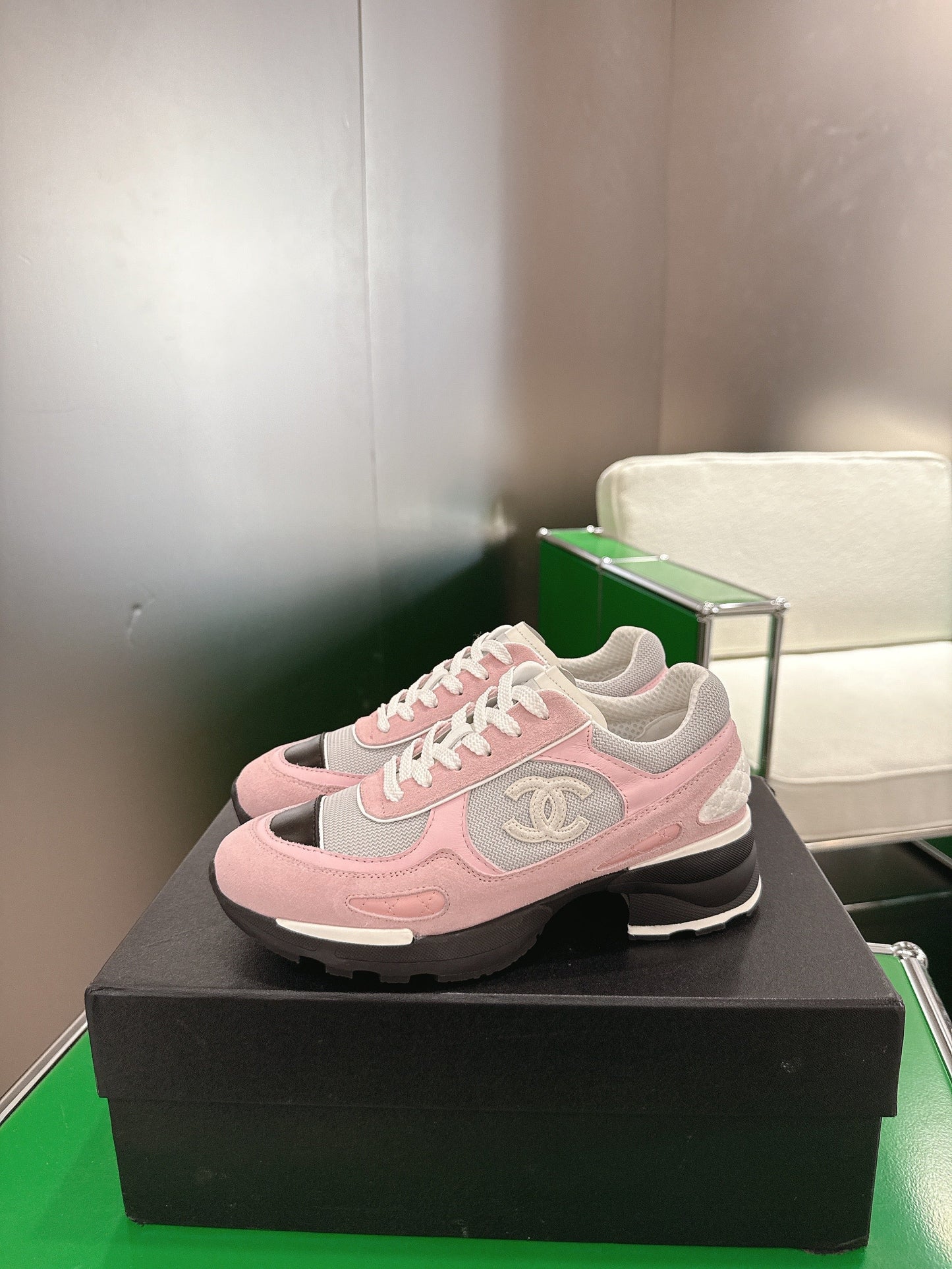 Chanel Low-Top Sneakers 30mm Pink and Grey Calfskin Leather and Mesh  507544