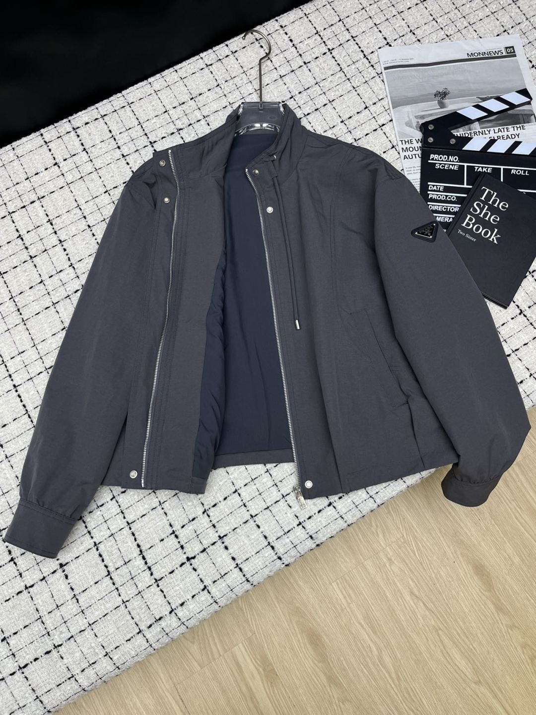Prada 26S Charcoal Gray Re-Nylon Drawstring Windbreaker Jacket 428116