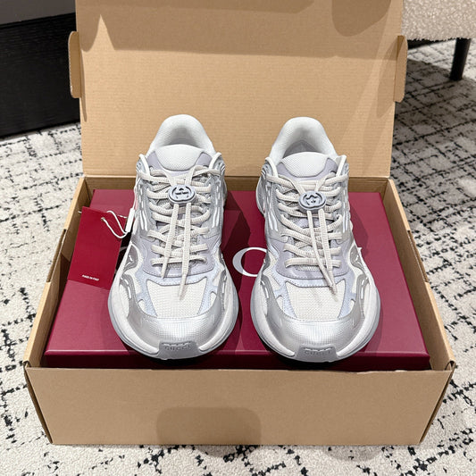 GG Rhyton Leather Sneakers White and Silver Leather 514914