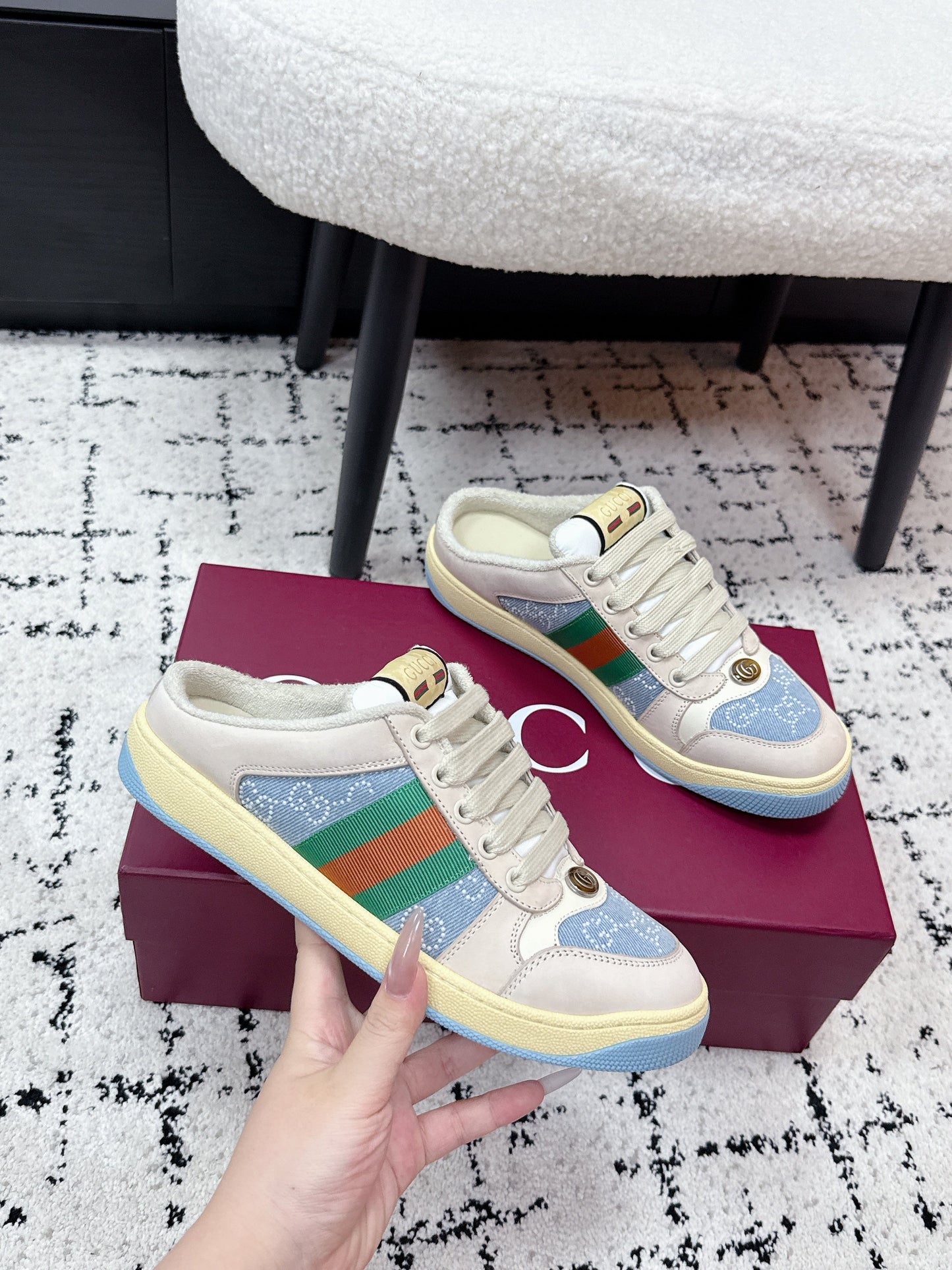 GG Screener Sneaker White Blue Mesh Leather 769552