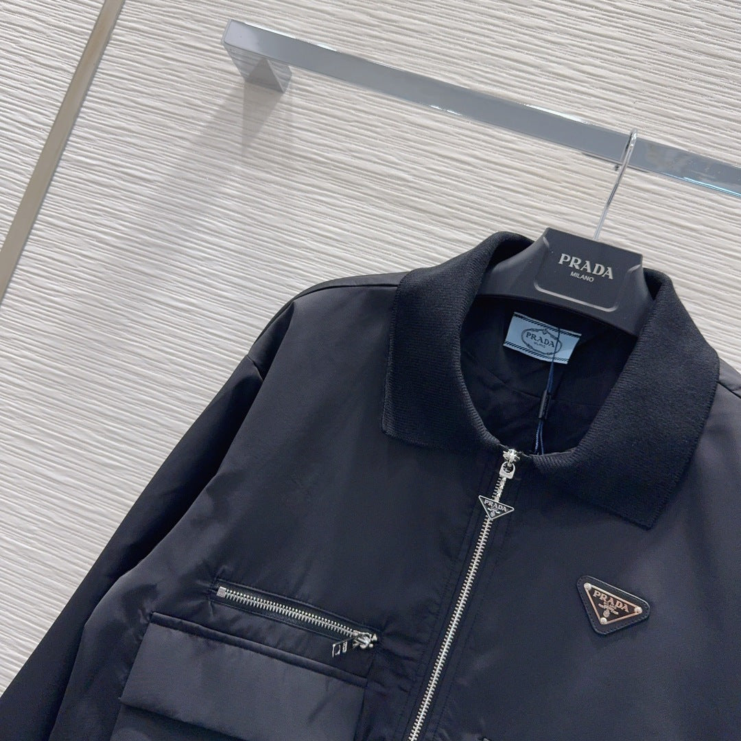 Prada 26s Coat Black Ribbed Lapel Nylon 426423