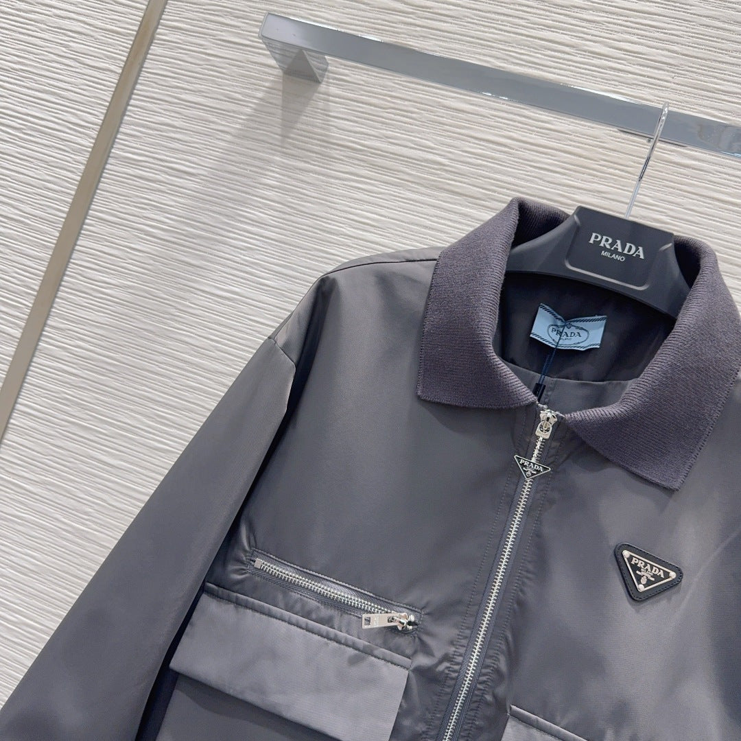 Prada 26s Coat Grey Ribbed Lapel Nylon 426425