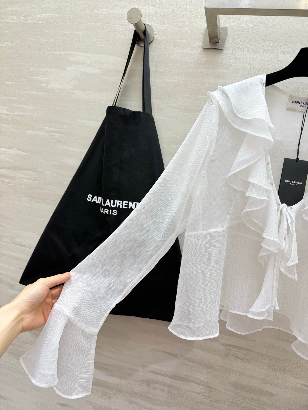 YSL 26s V-neck Ruffle Top White Mesh 396986
