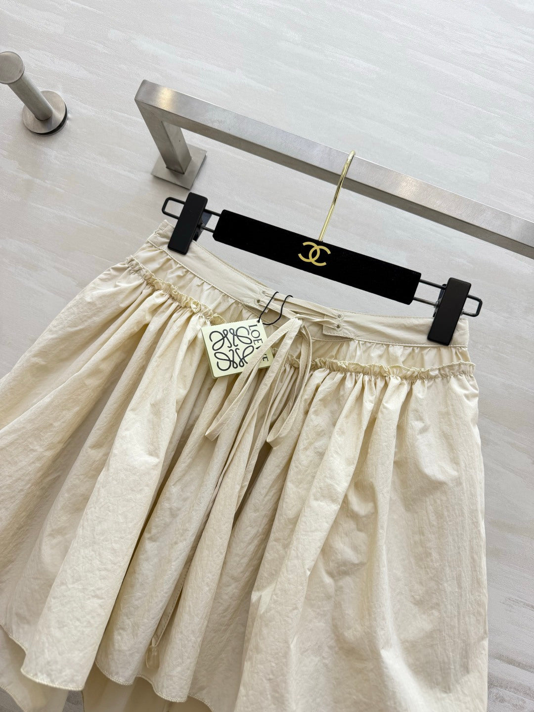 Loewe 26s Drawstring Mini Skirt Cream Cotton 398858