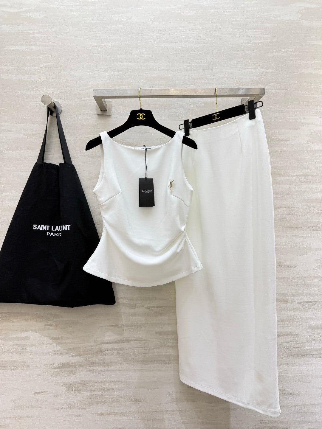 YSL 26s Sleeveless Vest + Straight Skirt Set White Linen 422164