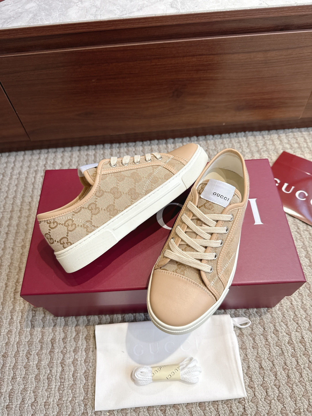 GG Tennis 1977 Low-Top Sneakers Brown Beige Leather Canvas 104421