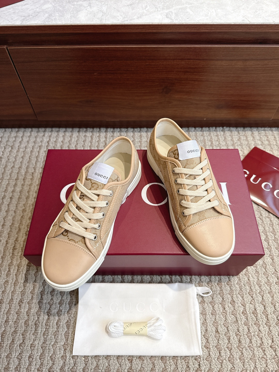 GG Tennis 1977 Low-Top Sneakers Brown Beige Leather Canvas 104421