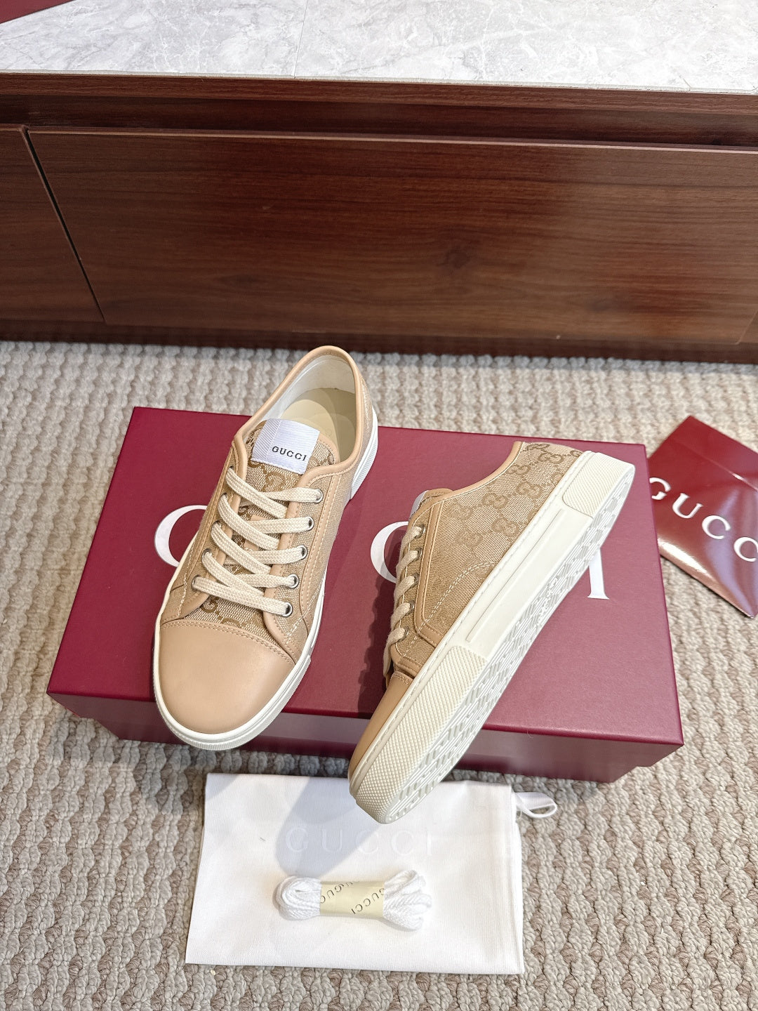 GG Tennis 1977 Low-Top Sneakers Brown Beige Leather Canvas 104421