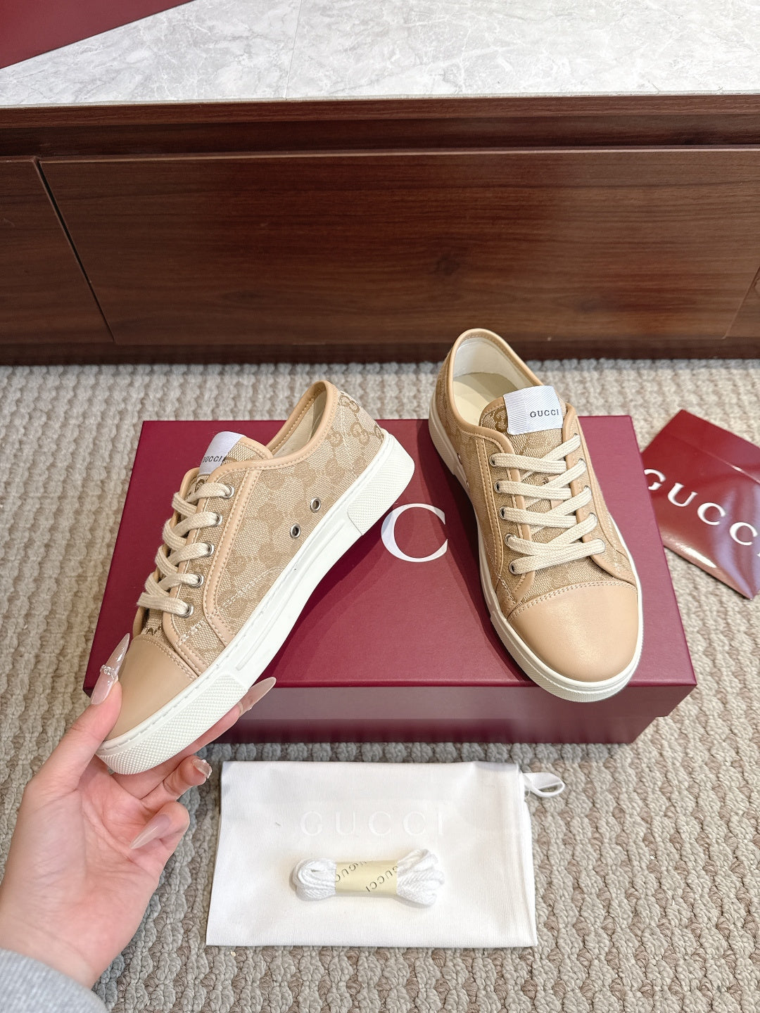 GG Tennis 1977 Low-Top Sneakers Brown Beige Leather Canvas 104421