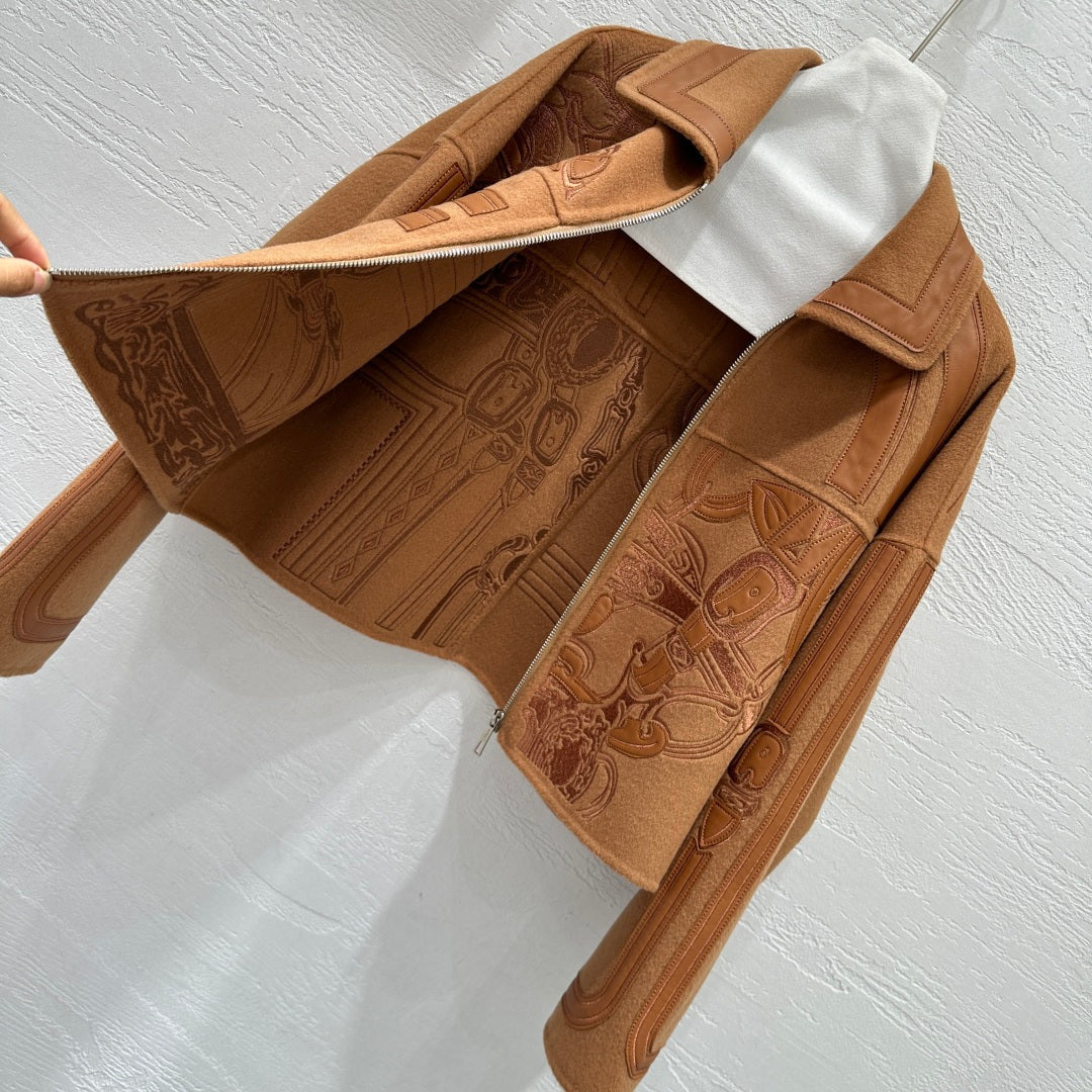 HM Embroidered Short Golden Camel Coat Wool Cashmere Calfskin 349658